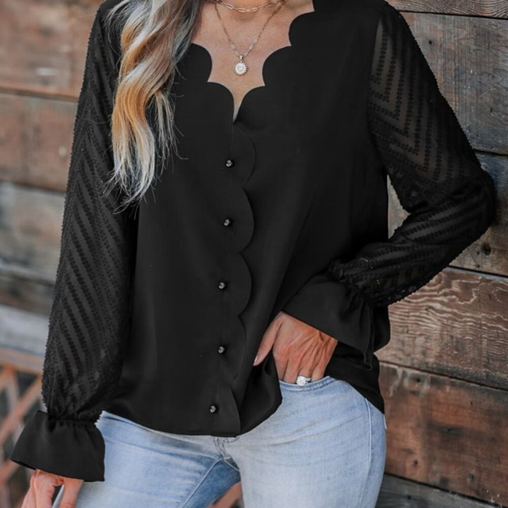 Women's Reversible Boatneck Sheer Poet Sleeve Blouse Black Size XL NWT Romantic - Picture 3 of 11